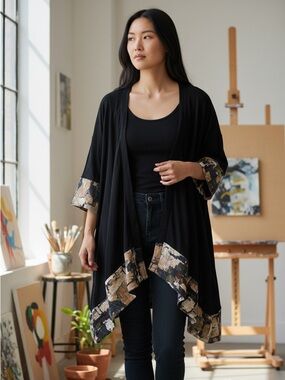 Black Open Short Kimono Style with Abstract Trim L Artist Festival Breezy